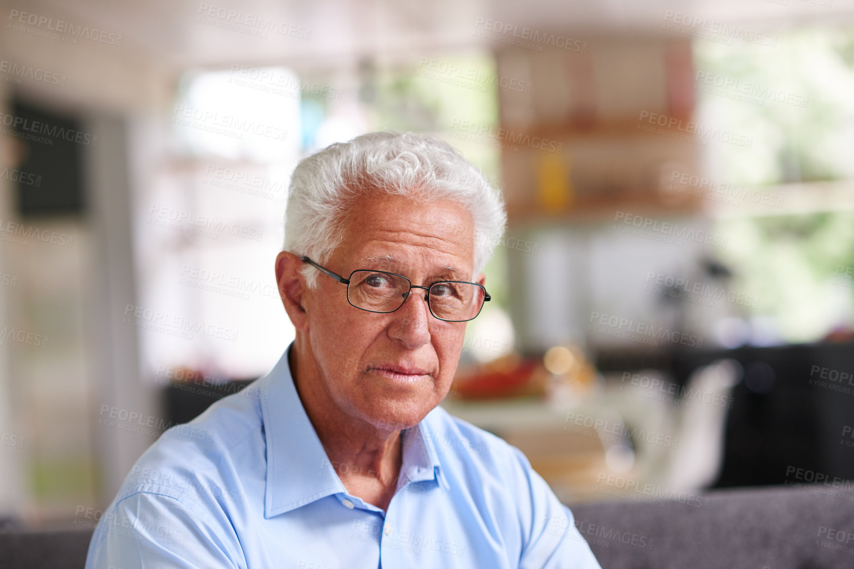 Buy stock photo Senior man, portrait and sofa with glasses for retirement, pension or break in lounge at home. Elderly, male person or face with pensioner or eyewear for old age, sight or optometry on couch at house