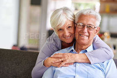Buy stock photo Portrait of a senior woman embracing her husband from behind