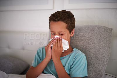 Buy stock photo A sick little boy at home