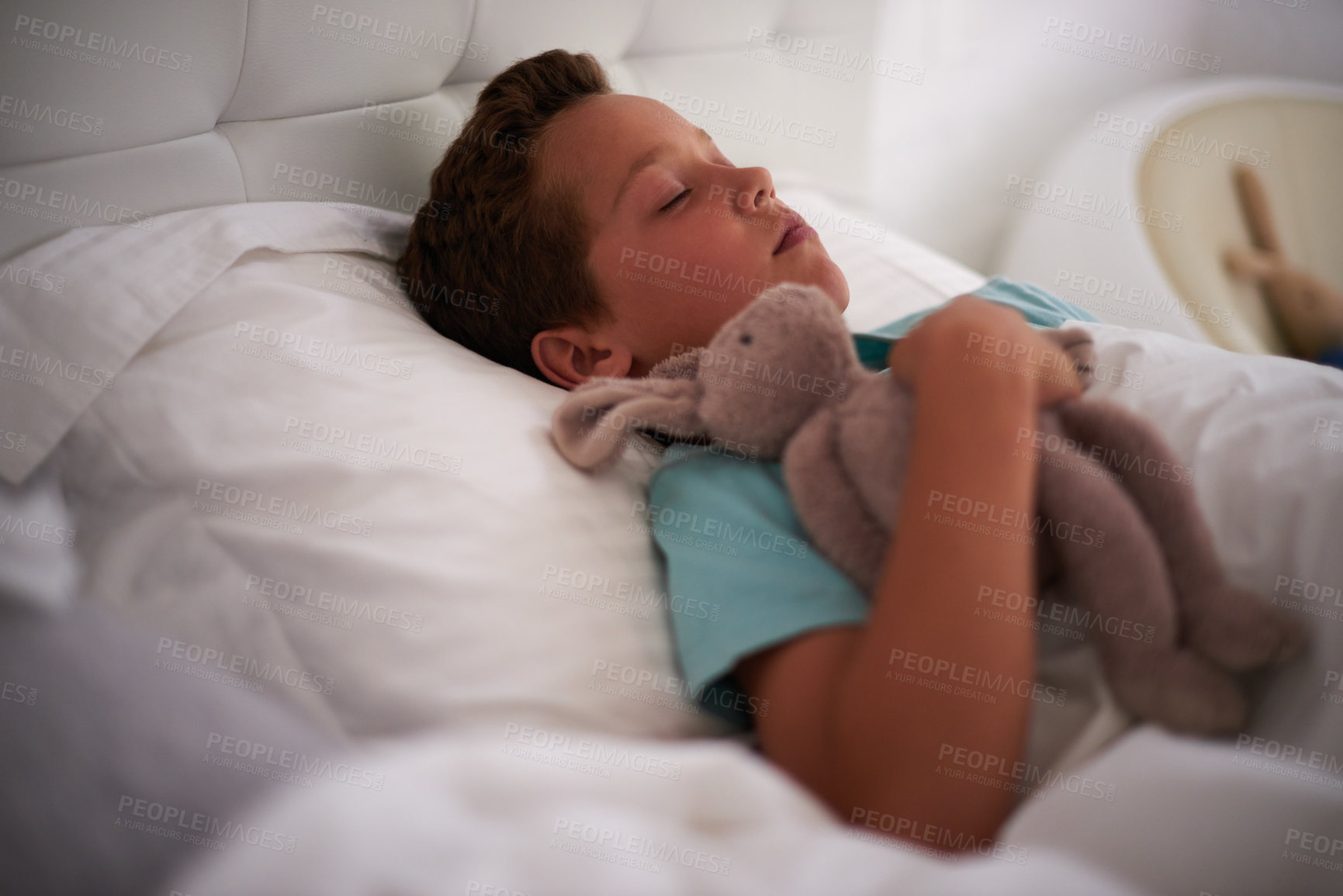 Buy stock photo Boy, child and sleeping in bed with rabbit, toys and tired with rest, dream and wellness in family home. Kid, bunny and plush doll in bedroom with eyes closed, exhausted and comfort with hug at house