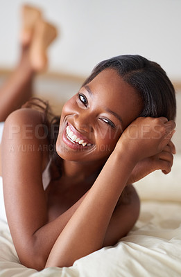 Buy stock photo Shot of a beautiful young woman in her bedroom