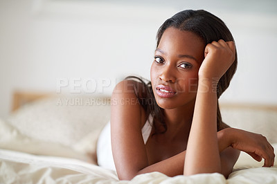 Buy stock photo Portrait, black woman and confident on bed, wake up and home in morning of weekend, break and rest. Bedroom, relax and person comfortable on mattress, cheerful and peace in house of girl in USA