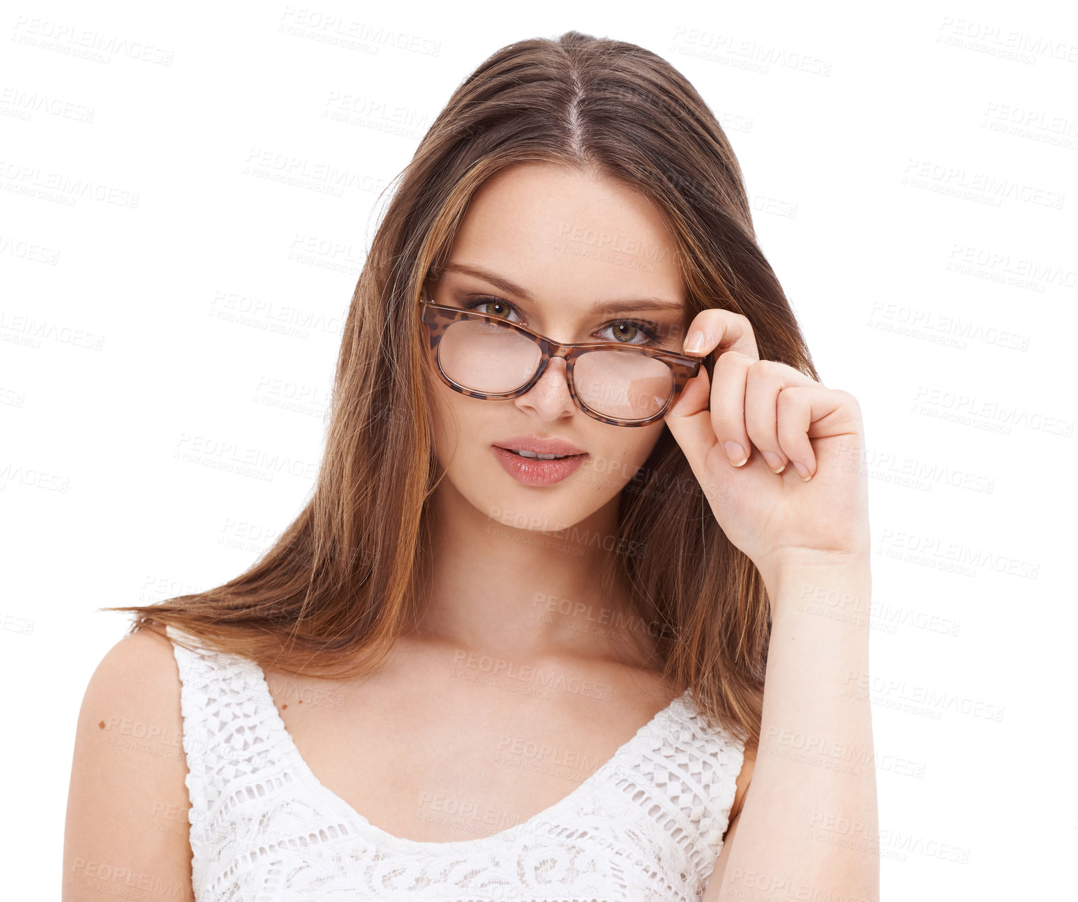 Buy stock photo Woman, portrait and glasses for vision, eye care and beauty isolated on a white studio background. Face of model person with eyeglasses, frame and lens for advertising cosmetic or insurance in studio