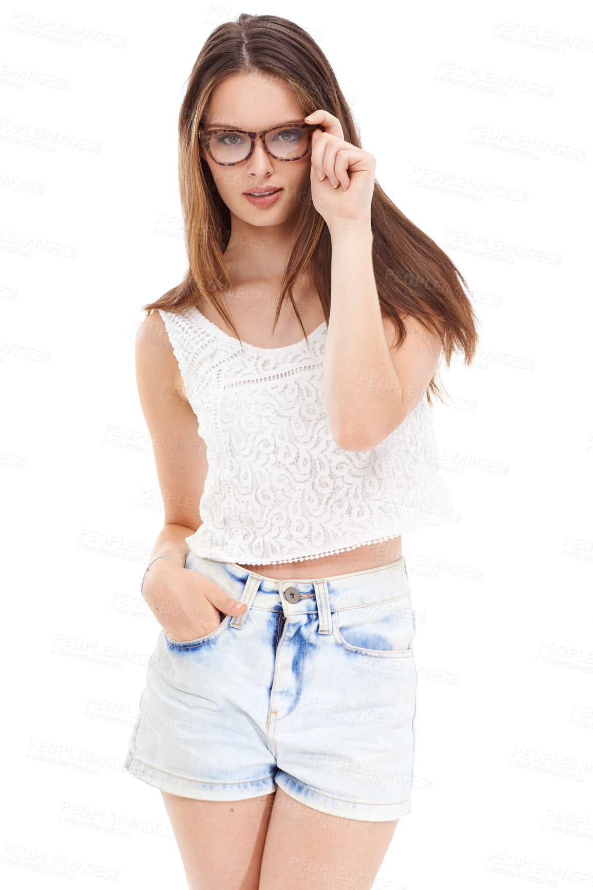 Buy stock photo Model, fashion glasses and portrait on isolated white background for healthcare, trendy wellness and cool eyes care. Woman, vision and optician eyewear on marketing mock up for medical insurance help