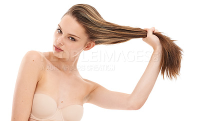 Buy stock photo Natural beauty, portrait and woman with hair care, shine and grooming routine isolated on white studio background. Female, girl pulling hair and luxury treatment for healthy scalp, salon and wellness