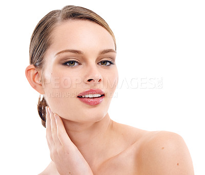 Buy stock photo Skincare, salon and portrait of woman in studio for wellness, dermatology and facial treatment. Spa, aesthetic and hands on face of girl with cosmetics, makeup and beauty products on white background