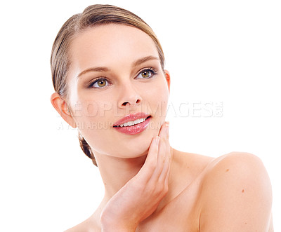 Buy stock photo Beauty model, face or skincare with makeup cosmetics, dermatology self love or healthcare wellness routine. Zoom, happy woman or hand on facial glow, healthy collagen or hairstyle on white background