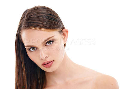 Buy stock photo Woman skincare, portrait or brunette hairstyle and makeup cosmetics, dermatology or healthcare wellness. Zoom, beauty model or face with brown hair color, facial glow or collagen on white background