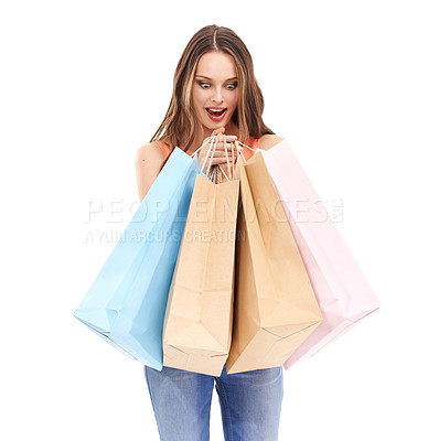 Buy stock photo Woman wow, shopping and bags in studio with sale, discount and smile with retail deal by white background. Model, surprise face and shopping bags in hands with beauty, style and isolated for fashion