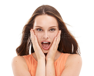 Buy stock photo Surprised woman, hands and hairstyle portrait on isolated white background with keratin treatment deal and dye sales. Shocked model, gossip and wow face on marketing mock up for hair product brand