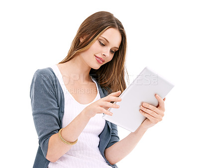 Buy stock photo Online shopping search, tablet and typing woman scroll website for discount sales, e commerce deal or fashion choice. Digital technology, ecommerce customer and model girl on white background studio