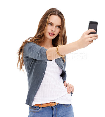 Buy stock photo Digital smartphone, studio selfie and woman with cellphone memory picture for social media app, online website or social network. Mobile tech user, phone photo and model girl pose on white background