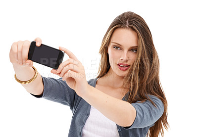 Buy stock photo Mobile phone, studio selfie and woman with cellphone memory picture for social media app, online website or social network. Digital tech user, smartphone photo and model girl pose on white background