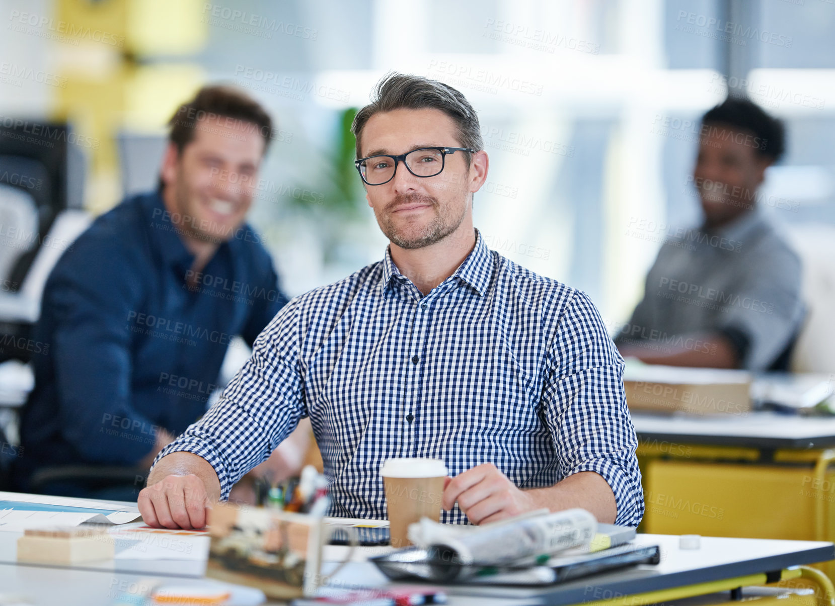 Buy stock photo Portrait, glasses and mature man with smile, office and confident of project, graphic designer and art. Coworking, vision and person with coffee, morning and equipment for design, eyewear or employee