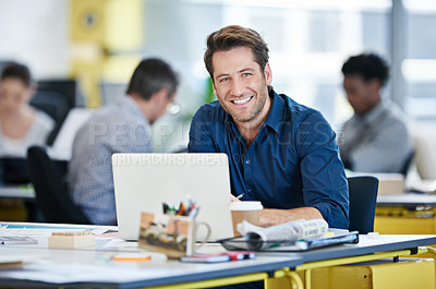 Buy stock photo Portrait, businessman and laptop in office for research, online inspiration and ideas for website creation. Career, male person or graphic designer with computer for solution, smile and coworking