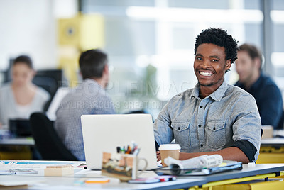 Buy stock photo Portrait, businessman and laptop in office for results, online inspiration and ideas for website creation. Career, male person or graphic designer with computer for coworking, research and smile