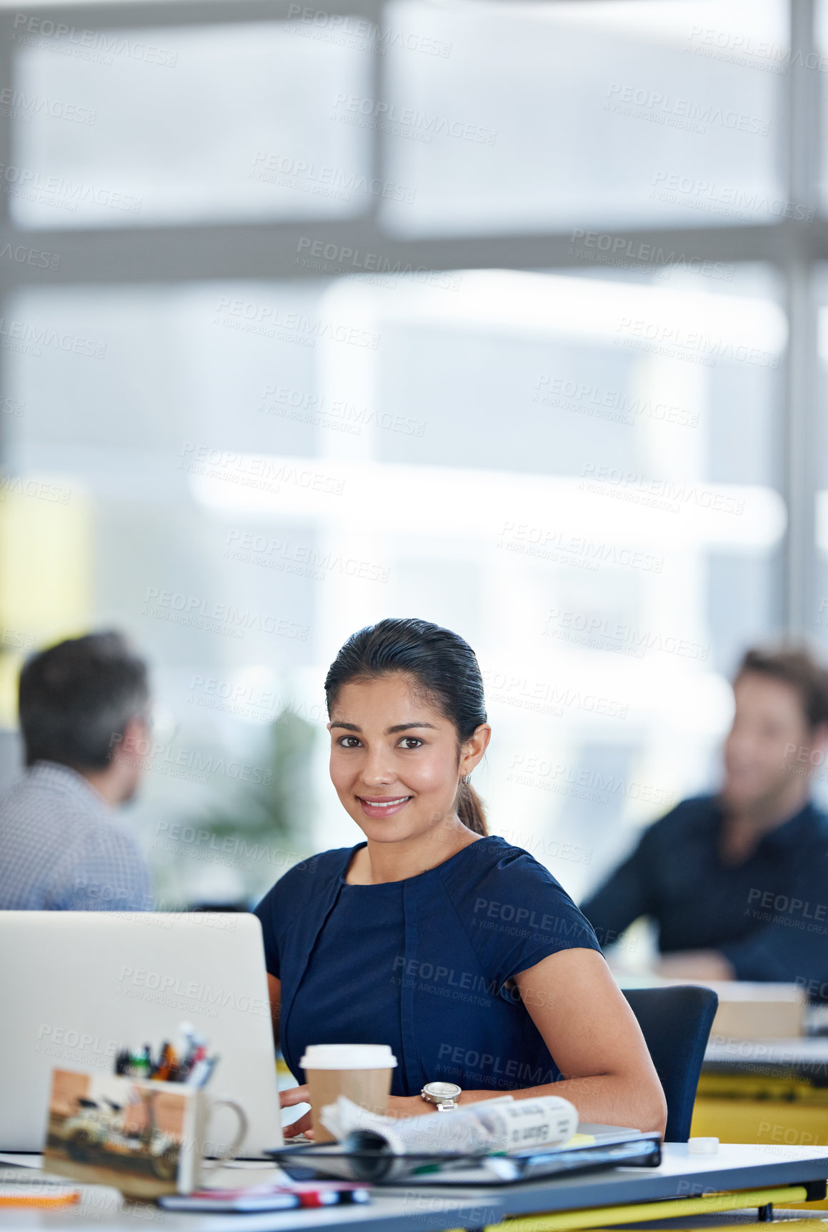 Buy stock photo Happy, business woman and laptop in portrait as accountant, professional or administration. Female person, corporate and technology for workload, deadline or research at office desk in financial firm