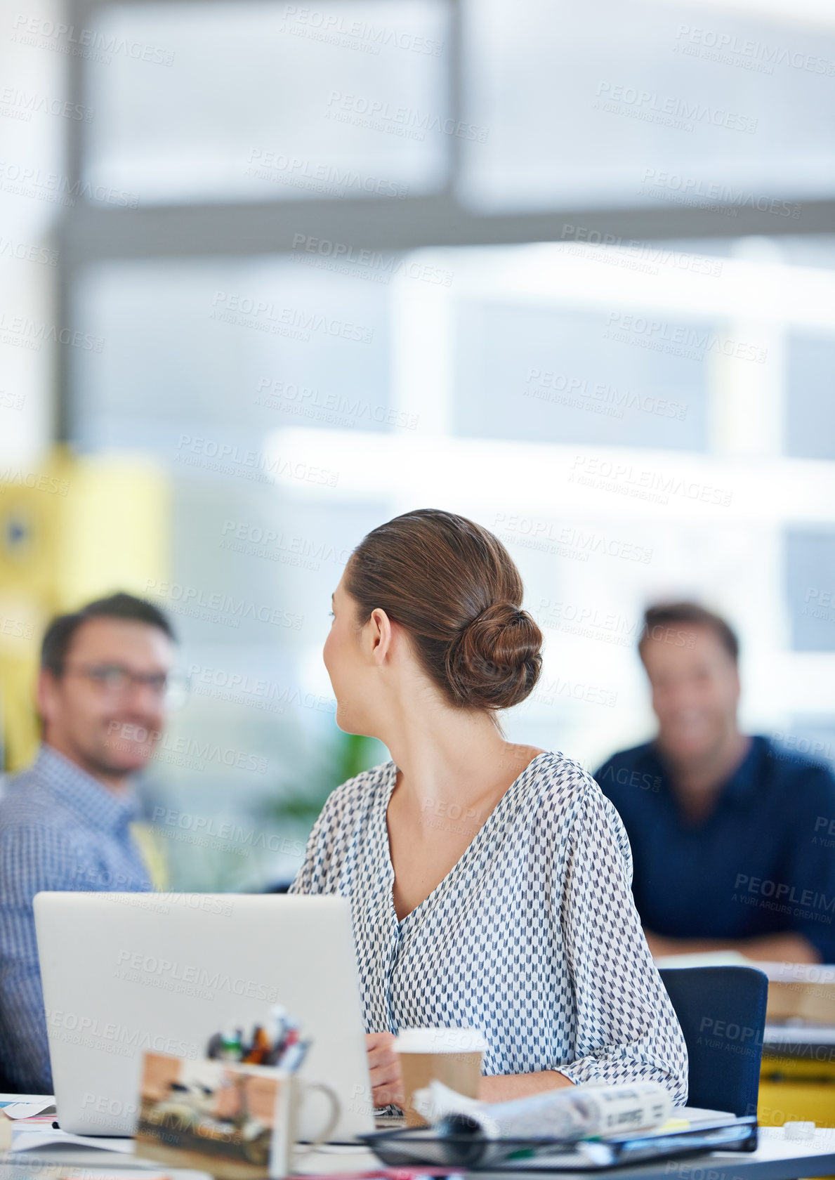 Buy stock photo Business people, group and woman with laptop, conversation and planning with teamwork. Research, employees and journalist with computer, advice and talking with ideas, connection and discussion