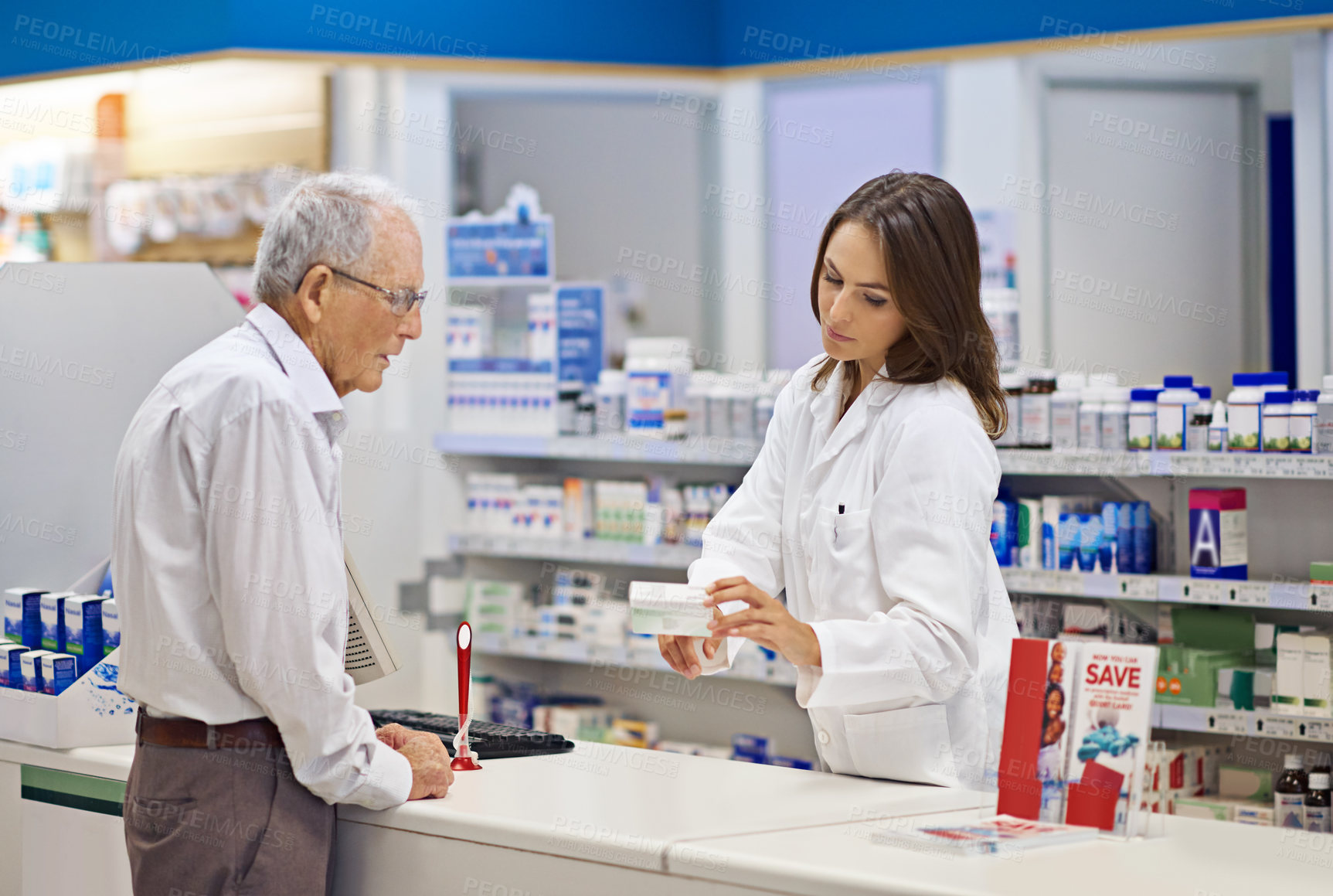 Buy stock photo Woman, pharmacist and elderly man with box for consultation, medicine prescription or healthcare advice. Medical, customer and discussion for product instructions, pharmaceutical opinion and pharmacy