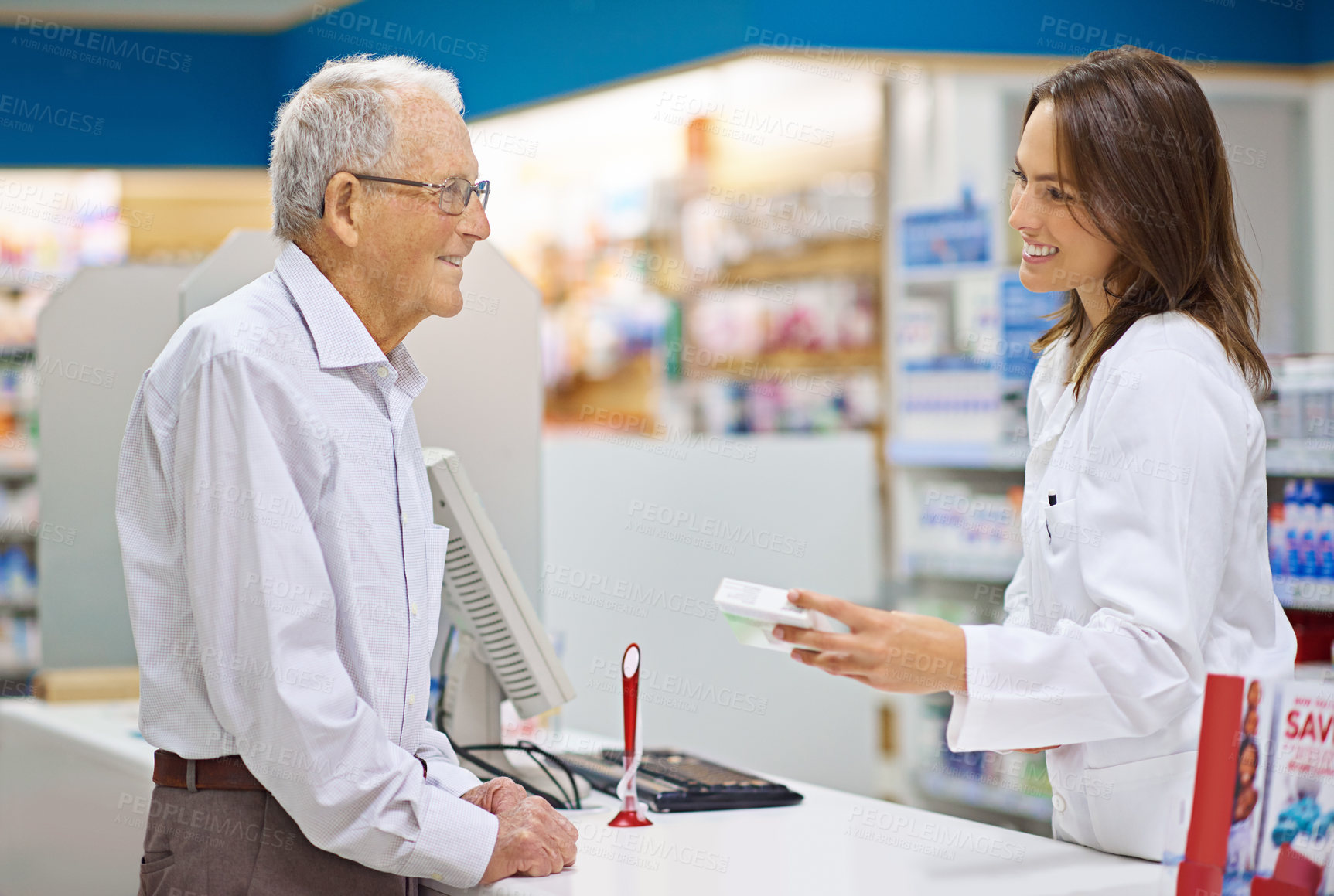 Buy stock photo Smile, pharmacist and senior man with box for consultation, medicine prescription or healthcare advice. Woman, customer and medical with product instructions, pharmaceutical opinion and pharmacy care