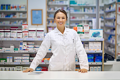 Buy stock photo Pharmacy, smile and portrait of woman at counter in drugstore for customer service, advice and medicine. Prescription drugs, pharmacist and inventory with pills, medication and checkout at chemist