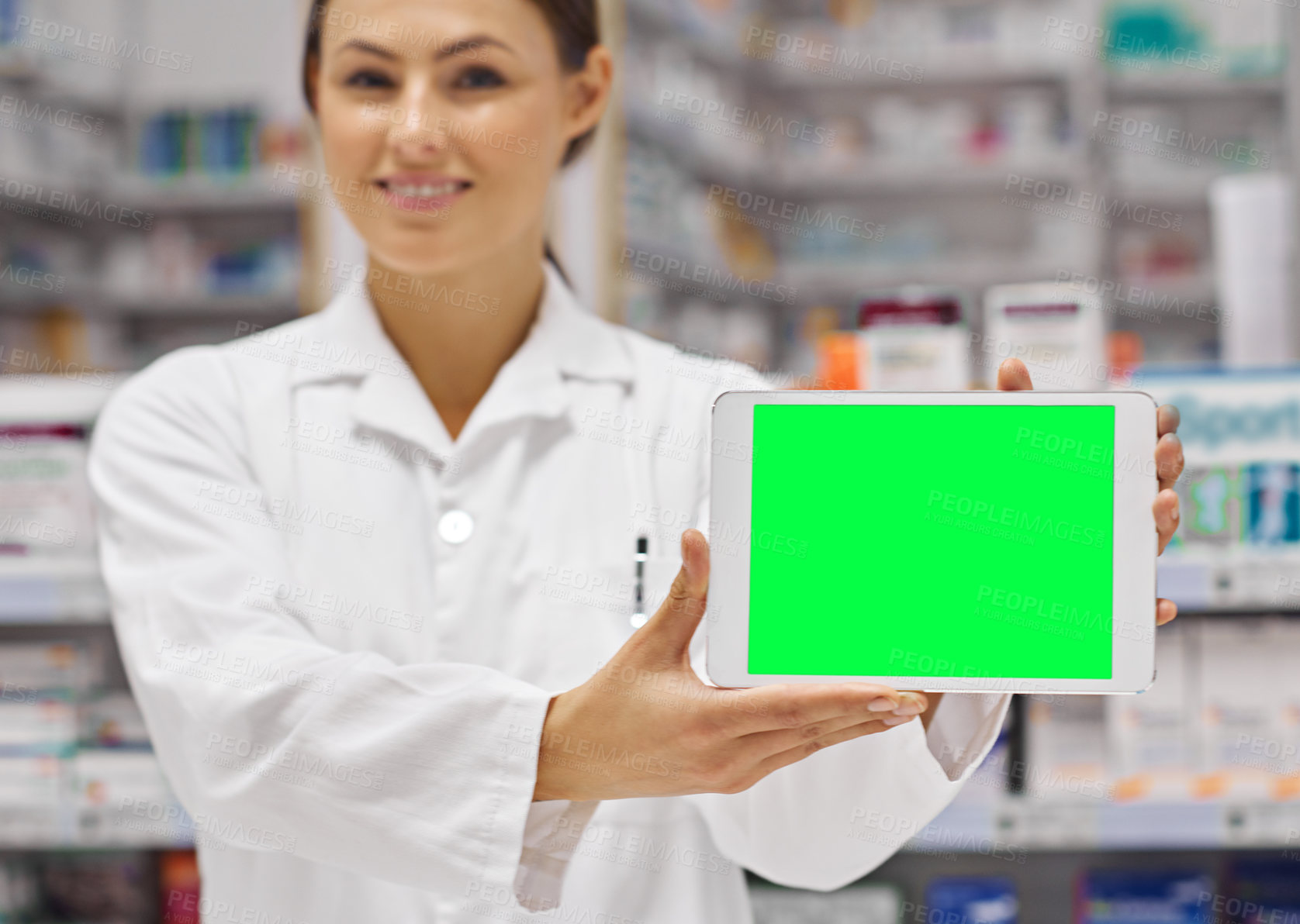 Buy stock photo Woman, smile and green screen on tablet  as pharmacist at drug store with marketing for customer service. Mockup space, portrait and happy with confidence at pharmacy for medication instruction