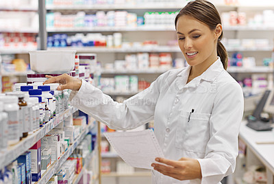 Buy stock photo Pharmacy, information and woman for healthcare with prescription for stock, medicine and wellness. Drugs, pharmacist and inventory with pills, medication and search at chemist for retail supplements