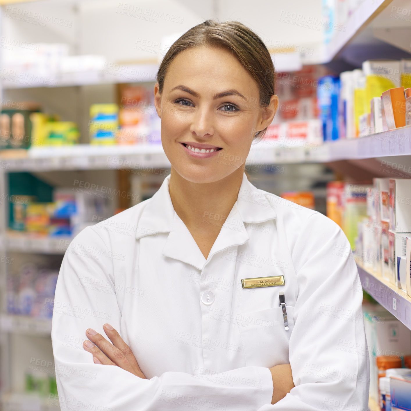 Buy stock photo Woman, portrait and arms crossed as pharmacist at drug store with pride for customer service. Female person, happy and smile or satisfied with confidence at pharmacy for medication and prescription