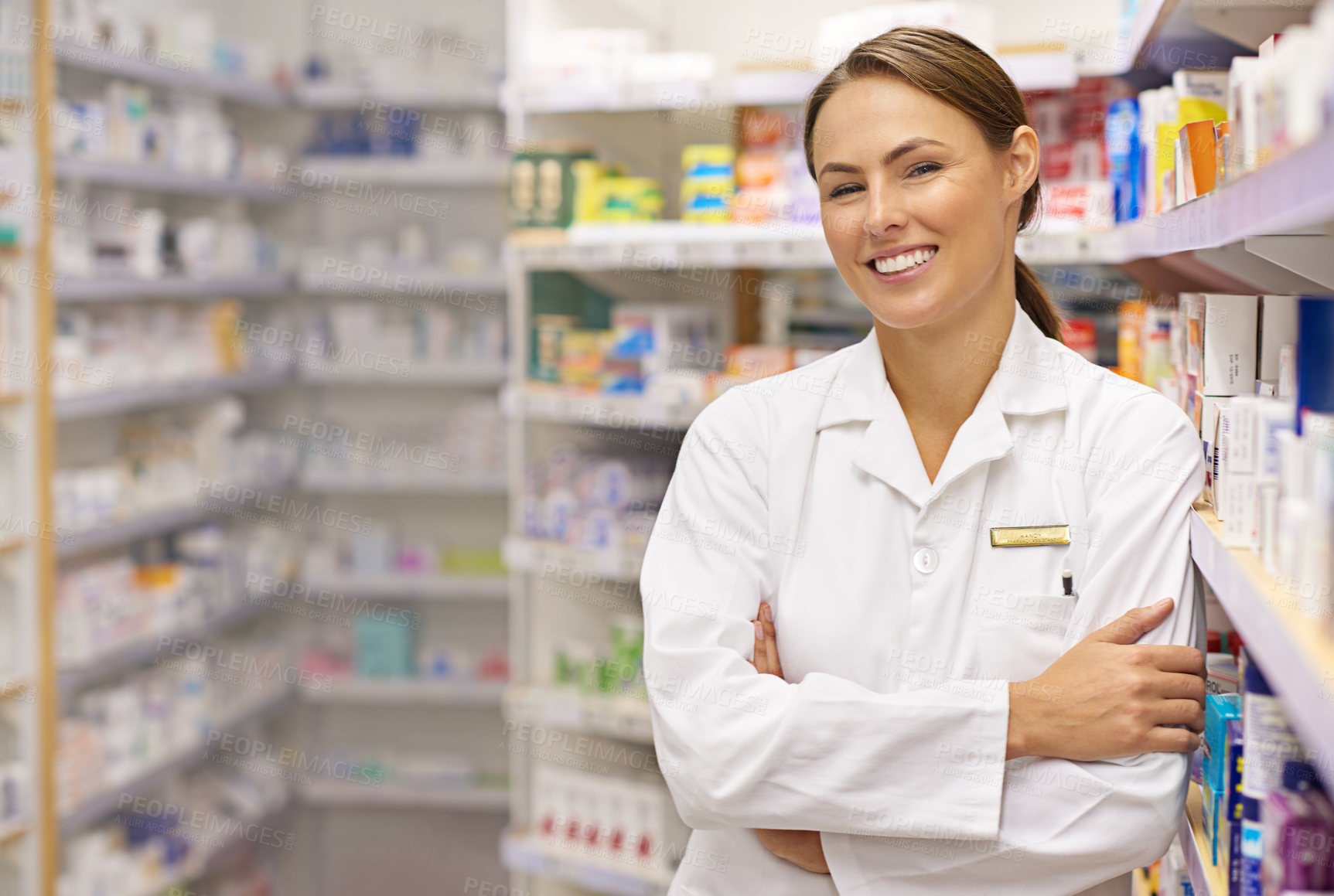 Buy stock photo Pharmacy, arms crossed and portrait of pharmacist at counter in drugstore for customer service, advice and medicine. Prescription drugs, woman and inventory with pills, medication and confidence