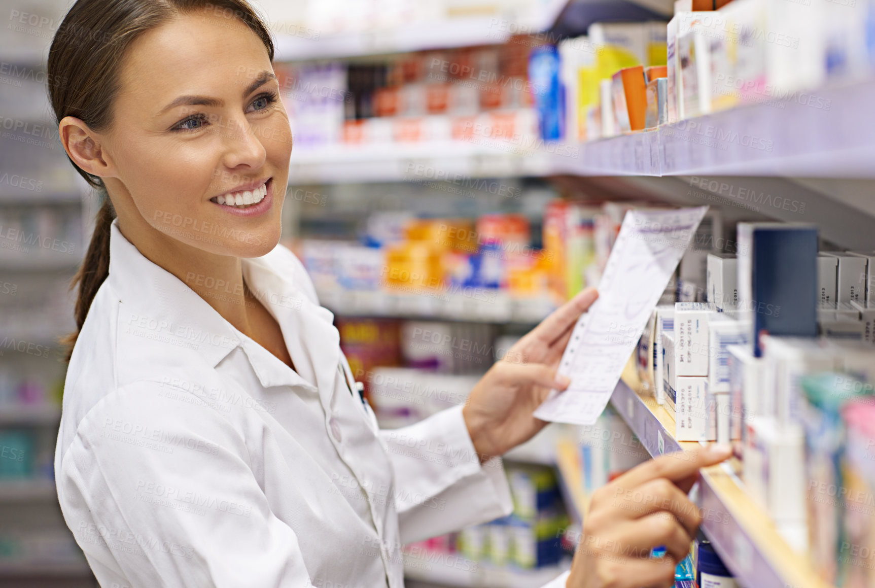 Buy stock photo Pharmacy, smile and woman with prescription in drugstore for stock check, healthcare and medicine. Drug information, pharmacist and inventory with pills, medication and chemist with supplements