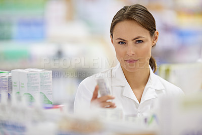 Buy stock photo Pharmacy, drug box and portrait of pharmacist with confidence in drugstore for customer service, advice and medicine. Prescription package, woman and inventory with pills, medication and retail