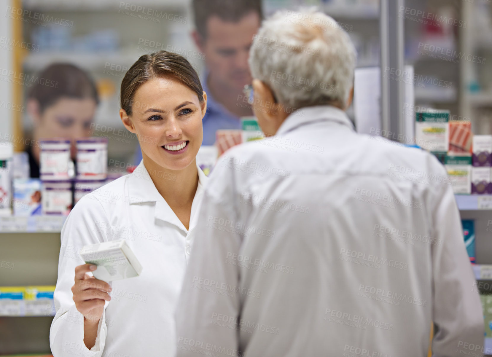 Buy stock photo Pharmacist, woman and help with senior man, customer and assist with medication, tablets and smile. Pharmaceuticals, drugstore and dispensary with client, friendly professional and healthcare service