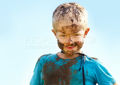 Buy stock photo Boy, kid and mud on face with smile from playing, dirt or happiness in summer weather or water. Child, person and portrait with satisfaction for messy or dirty fun outdoor in sunshine or garden