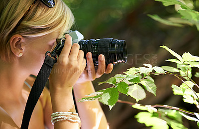 Buy stock photo Shooting, photographer and nature with woman in forest for trees, environment and relax. Discover, camera lens and photography with face of female person in woods for travel, tourism and summer