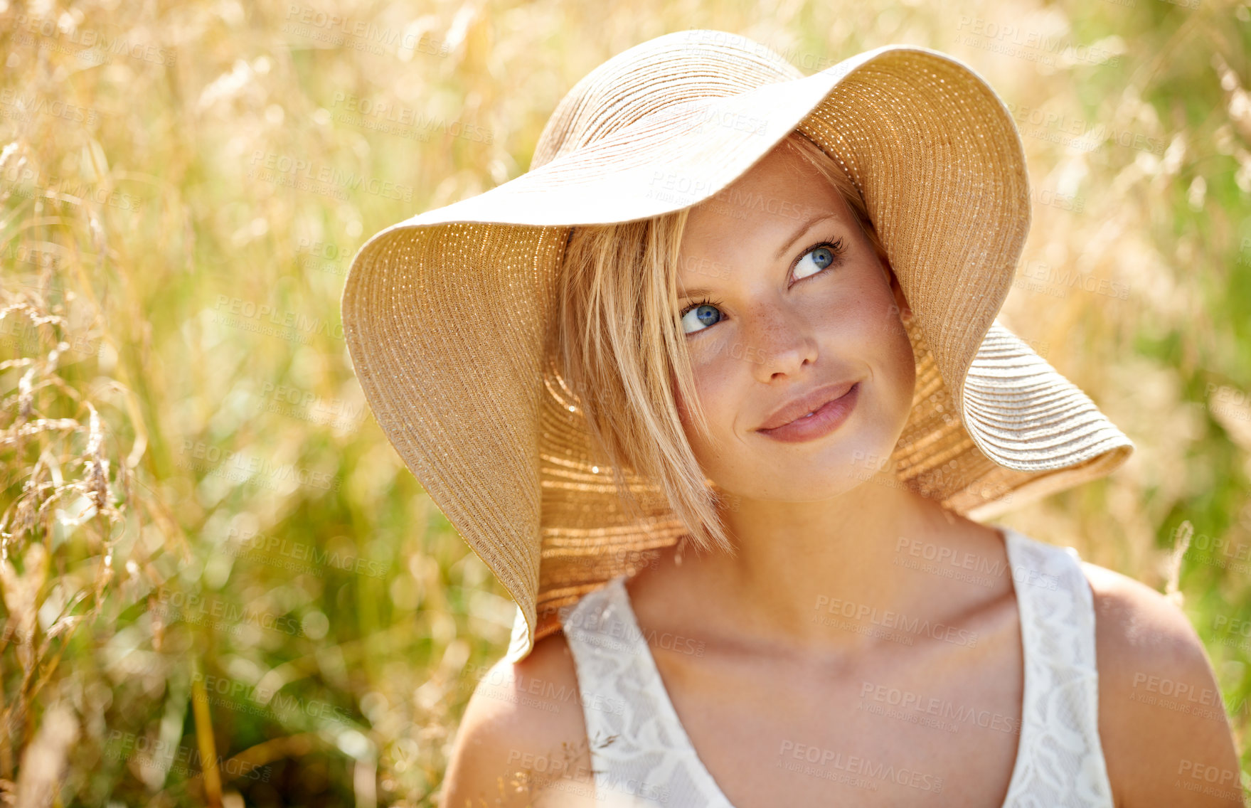 Buy stock photo Woman, thinking and hat in wheat field or sunshine summer relax, look on farm. Female person, idea and grass straw meadow nature for fresh clean air countryside or plants park, weekend rest or rural