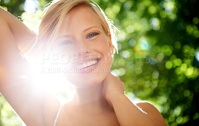 Buy stock photo Smile, sunshine and portrait of woman in garden for holiday in summer on outdoor picnic to relax and enjoy. Sun, freedom and face of girl in park for weekend in countryside with sunshine on vacation.