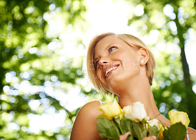 Buy stock photo Relax, nature and happy woman in garden with flowers for holiday in spring on outdoor picnic. Smile, freedom and face of girl in park with trees for weekend in countryside with sunshine on vacation.