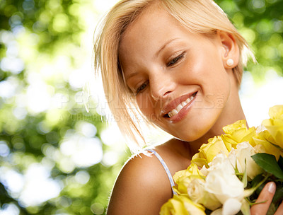 Buy stock photo Smile, nature and woman in garden with flower bouquet for holiday in spring on outdoor picnic. Roses, freedom and happiness, girl in park for weekend in floral countryside with sunshine on vacation.