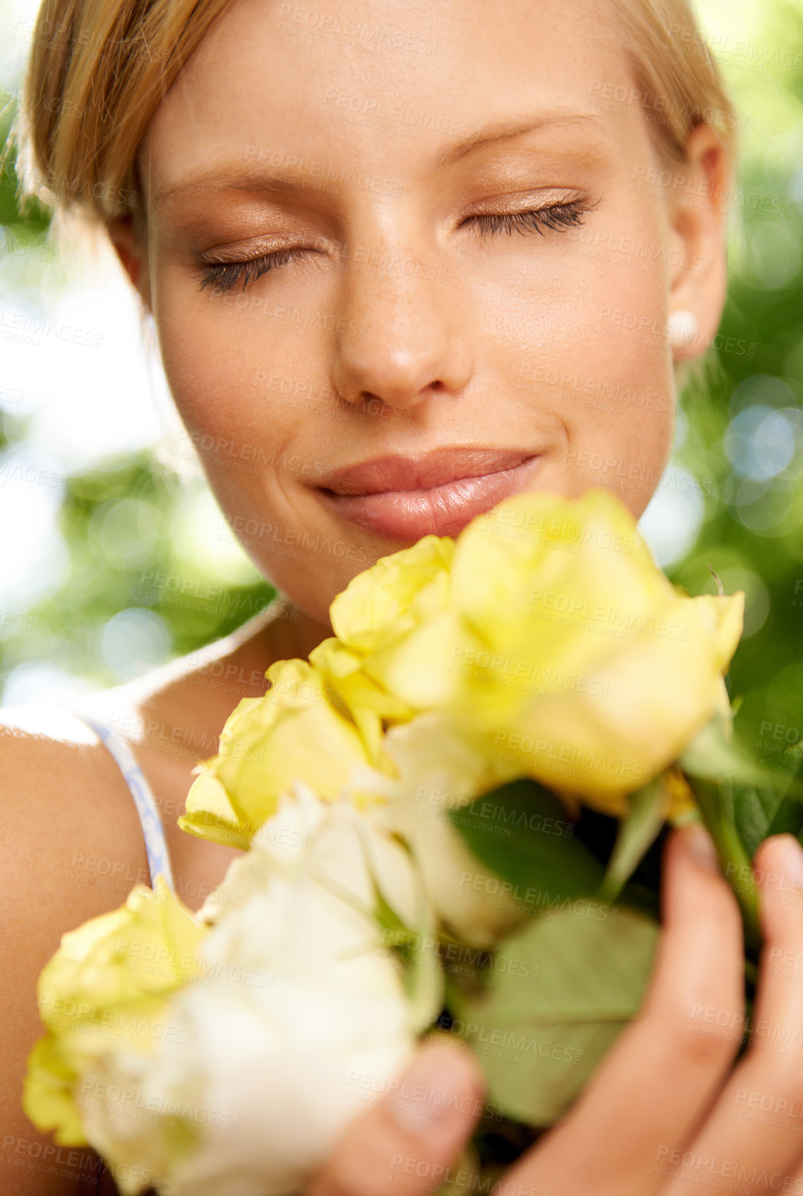 Buy stock photo Relax, smile and woman in garden with roses in bouquet for holiday in spring for outdoor fun. Happiness, freedom and face of girl in park with flowers, weekend in countryside and sunshine on vacation