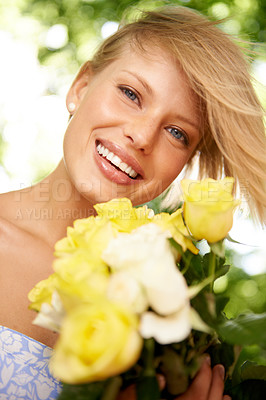 Buy stock photo Relax, bouquet and portrait of happy woman in garden for holiday fun in spring with flowers in nature. Smile, freedom and face of girl in park with roses in countryside with sunshine on vacation.