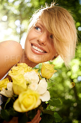 Buy stock photo Happiness, nature and woman in garden with flowers for holiday in spring, outdoor fun and adventure. Smile, freedom and girl in park with roses in bouquet in countryside with sunshine on vacation.