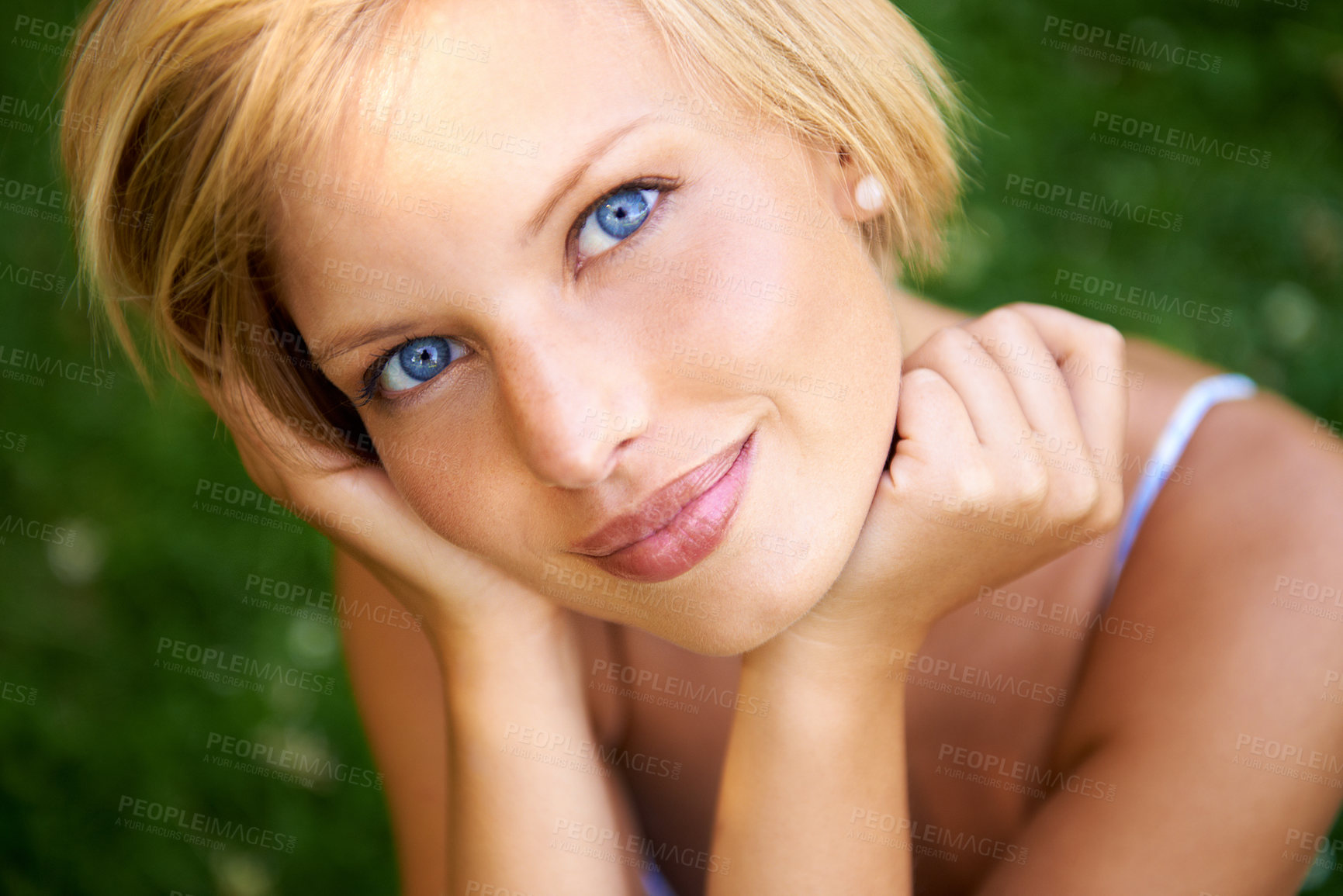 Buy stock photo Relax, lawn and portrait of happy woman in garden for holiday in summer on outdoor adventure. Smile, freedom and face of girl on grass in park for weekend in countryside with sunshine on vacation.