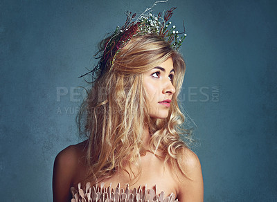 Buy stock photo Fashion, princess and woman with flower crown in studio for elegant, fancy or stylish outfit. Fantasy, model and profile of female person with classy, beauty and floral style by gray background.