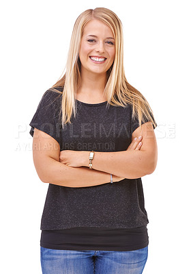 Buy stock photo Happy woman, portrait and blonde standing in confidence with arms crossed in fashion on a white studio background. Face of confident female person or casual model with smile and positive attitude