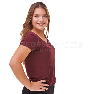 Buy stock photo Fashion, smile and portrait of woman in studio with stylish, casual and trendy outfit and makeup. Happy, confident and beautiful female person with classy style and cosmetic face by white background.