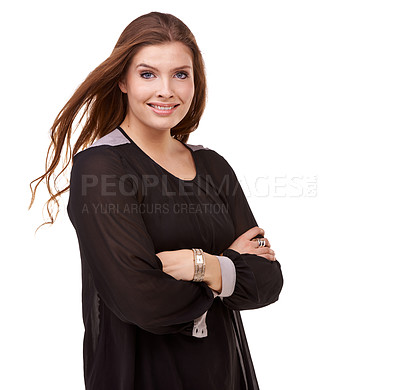 Buy stock photo Portrait, business and woman with arms crossed, smile and model isolated on a white studio background. Face, person and professional with startup and mockup space with worker, happy and entrepreneur