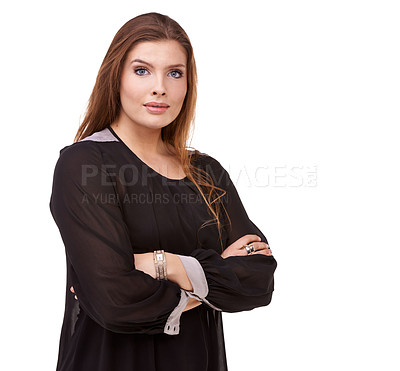 Buy stock photo Woman, portrait and brunette with arms crossed in fashion or confidence on a white studio background. Face of confident female person or plus size model posing for career or job on mockup space