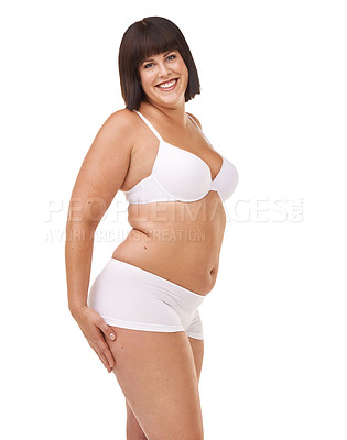 Buy stock photo Portrait, fitness and underwear with natural woman n studio isolated on white background for body positive wellness. Beauty, health or aesthetic and plus size model looking confident with exercise  
