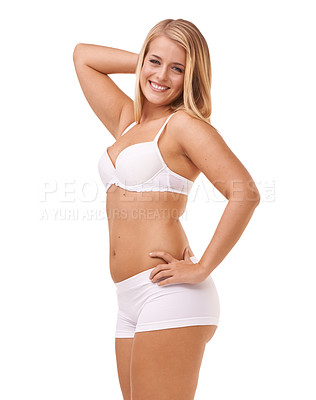 Buy stock photo Full-length portrait of a confident young woman posing in her underwear