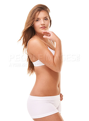 Buy stock photo Full-length portrait of a confident young woman posing in her underwear